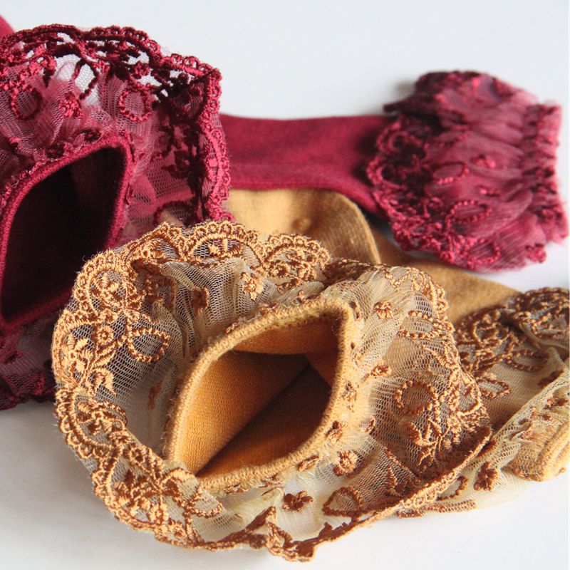 花边蕾丝萝莉公主袜子 酒红色姜黄色 女士棉质短袜子洛丽塔