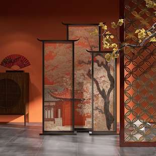 新中式国潮风实木屏风组合酒店民宿装饰舞台影棚布景可移动纱屏