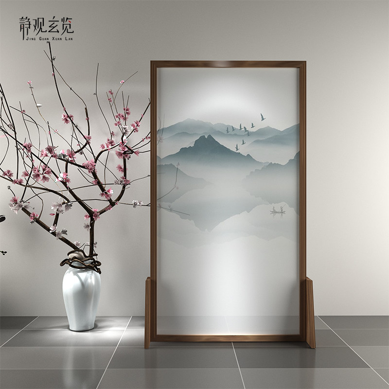 中式实木屏风隔断玄关客厅座屏卧室办公半透屏风定制水墨山水包邮