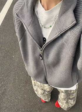 火原素美式重磅保暖立领毛衣羽绒服男女90白鸭绒针织开衫外穿外套