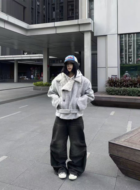 火原素复古羊毛混纺毛领高级感棉服男女小众双排扣夹棉毛呢外套潮
