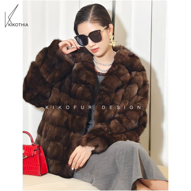 咔咔皮草青果领紫貂皮草大衣