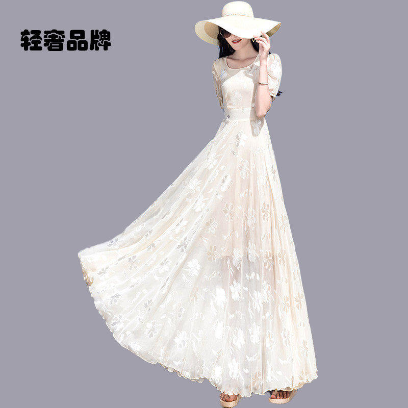 朗姿约定米白色雪纺连衣裙女2026年夏季新款长款圆领修身大摆长裙
