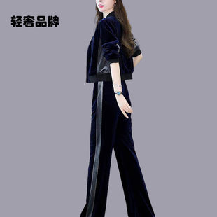 朗姿约定时尚金丝绒女士运动套装2026春季新休闲高腰阔腿裤两件套