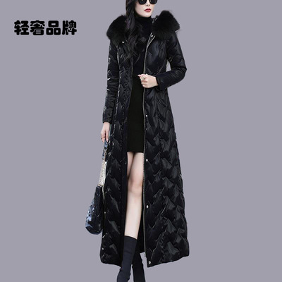 约定黑色羽绒服女款冬季修身显瘦长款连帽狐狸毛领白鸭绒