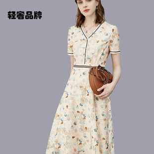 朗姿约定蕾丝碎花连衣裙夏装2026新款女士短袖V领收腰中长款A字裙