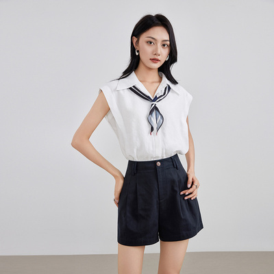 LOFTSHINE女装清新学院风白色无袖衬衫翻领条纹罩衫YA25220C001