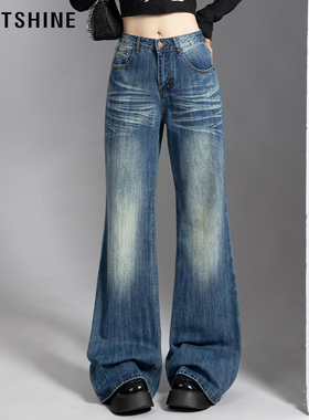 LOFTSHIN珞炫复古水洗蓝牛仔裤女春棉质休闲百搭宽松显瘦阔腿裤