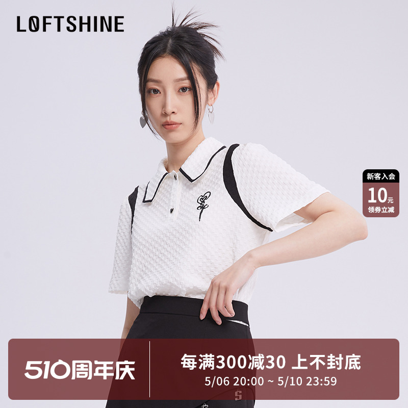 LOFTSHINE珞炫T恤休闲宽松小众印花2024春季美式运动白色Polo短袖-封面