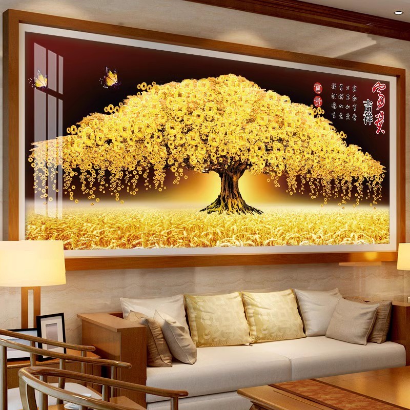 2025热卖爆款中式黄金满地发财摇钱树十字绣满绣客厅背景墙装饰画