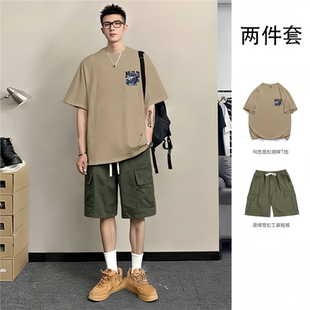 运动套装男夏季新款纯棉短袖T恤宽松短裤帅气青少年学生潮牌夏装