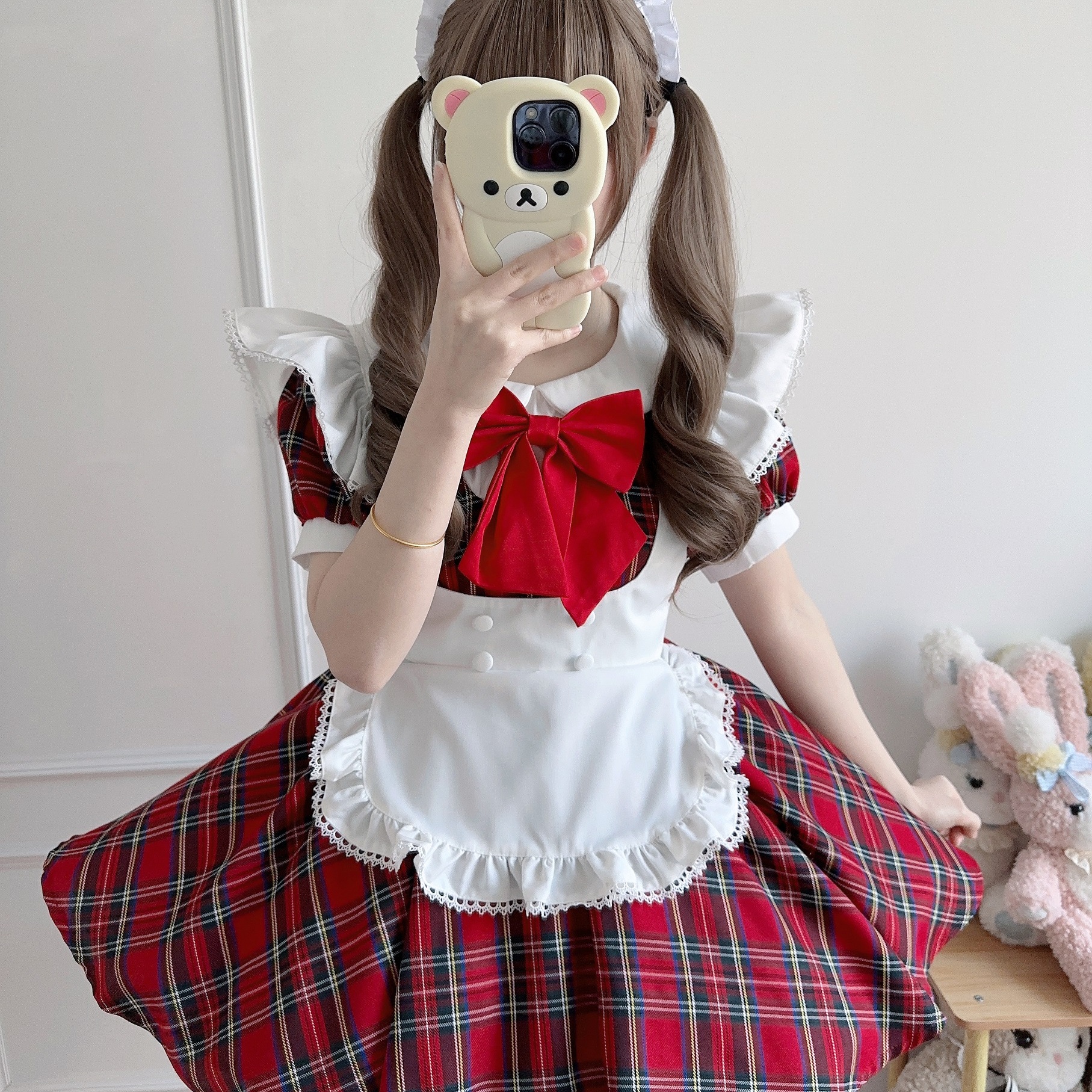kissy奶喵：日系学院风甜美女仆装cos服圣诞红格狗短lolita连衣裙