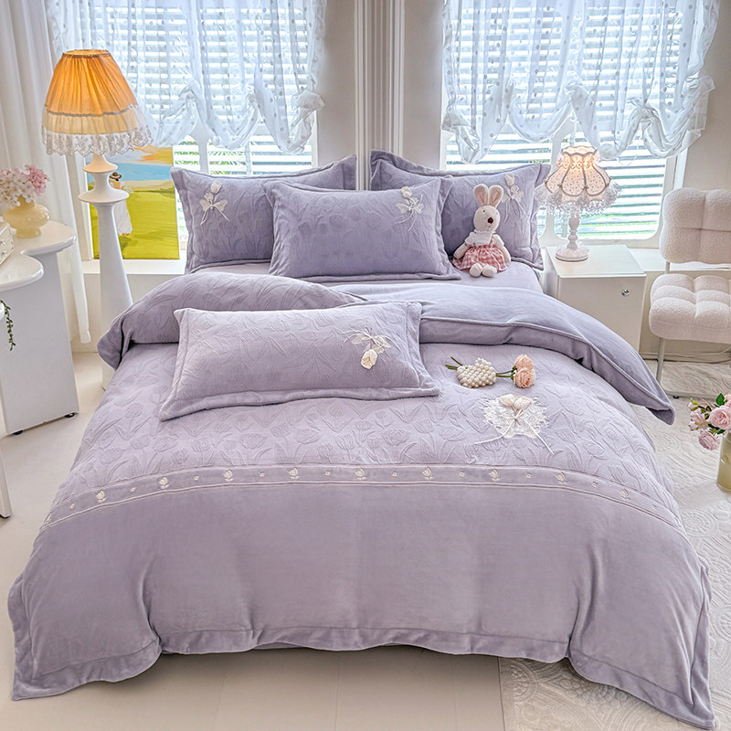 2025新款雕花牛奶绒四件套轻奢高级感珊瑚绒法兰绒防静电刺绣冬,床上用品,床品套件/四件套/多件套,淘宝优惠券,粉丝福利购,淘宝优惠卷