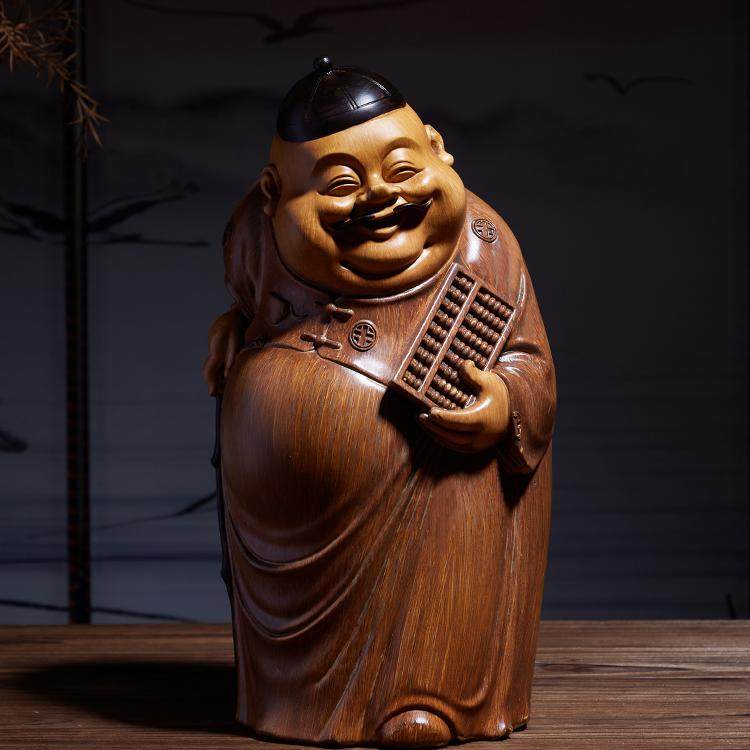 中式地主老爷摆件高档仿竹根木雕人物雕塑客厅玄关茶室装饰工艺品