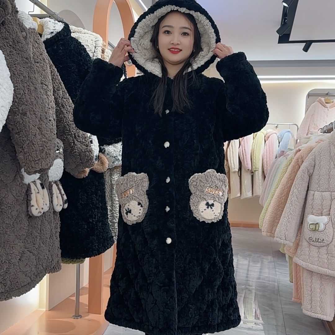牛奶绒三层夹棉睡衣女秋