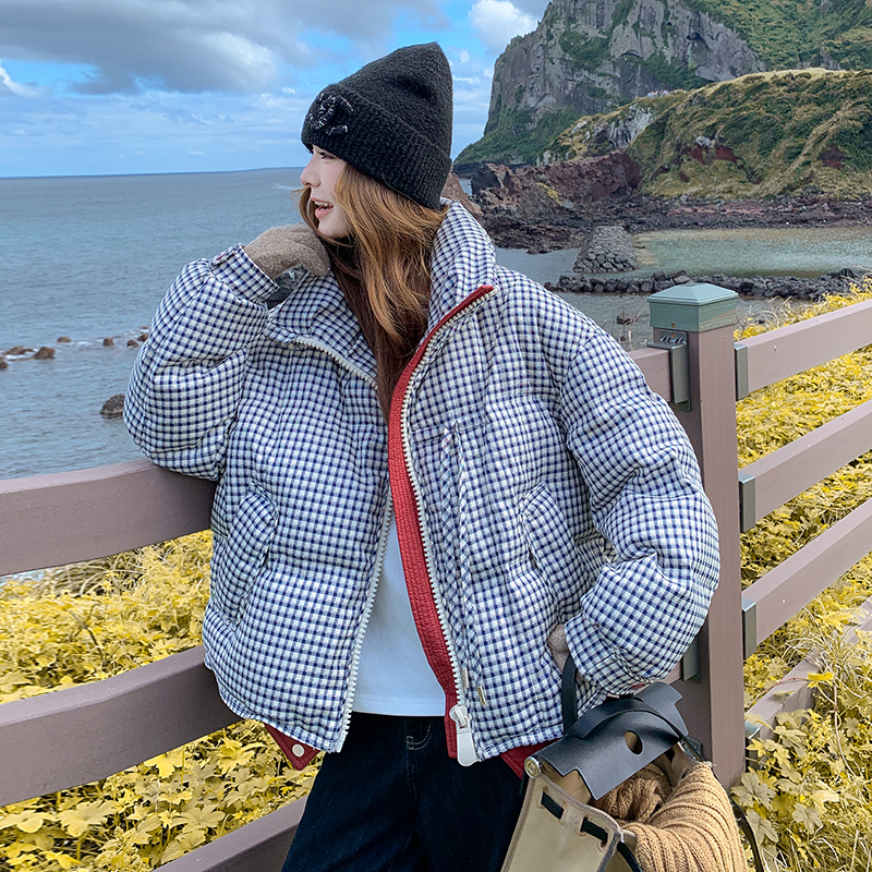 蓝色格纹立领羽绒服女冬季加厚外套2025新款巨好看韩系超火面包服
