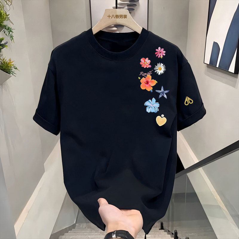 剪刀四季韩版新款花卉印花短袖T恤男女同款宽松休闲慵懒上衣半袖