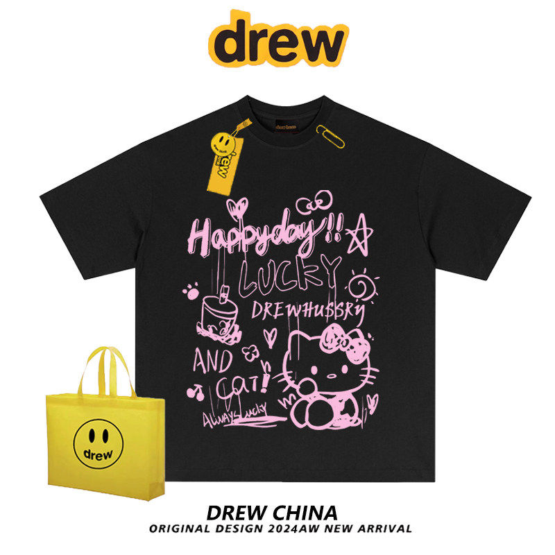 drew美式潮牌KT猫涂鸦印花短袖t恤男女情侣装休闲宽松纯棉上衣ins