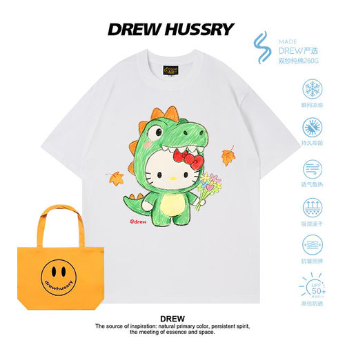 Drew美式卡通HelloKitty印花纯棉短袖T恤男女宽松可爱情侣装半袖