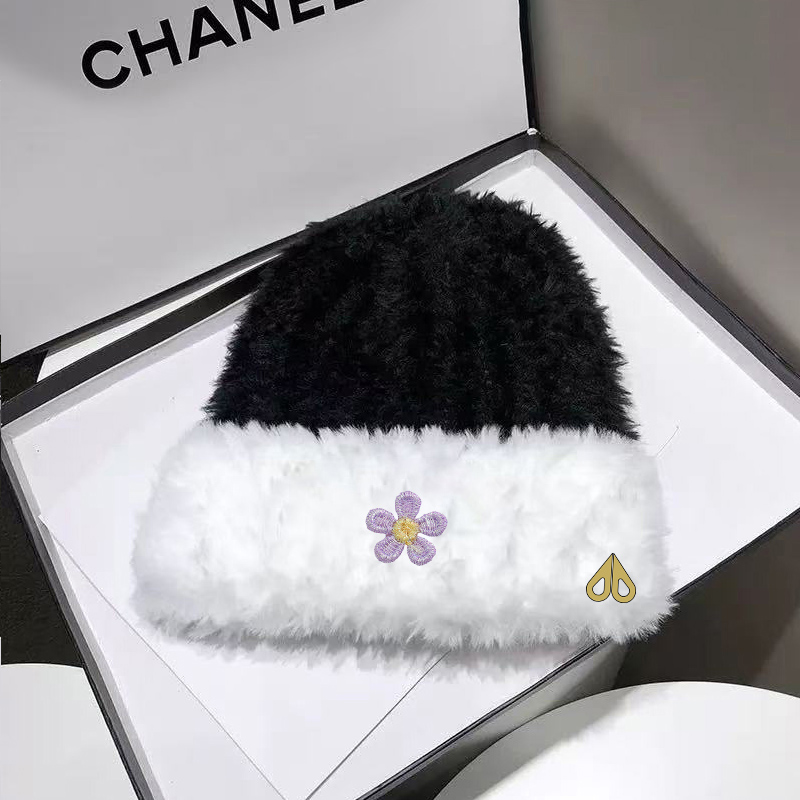 剪刀四季MOOSE毛绒撞色男女款冬季保暖显脸小花图案朵针织护耳帽