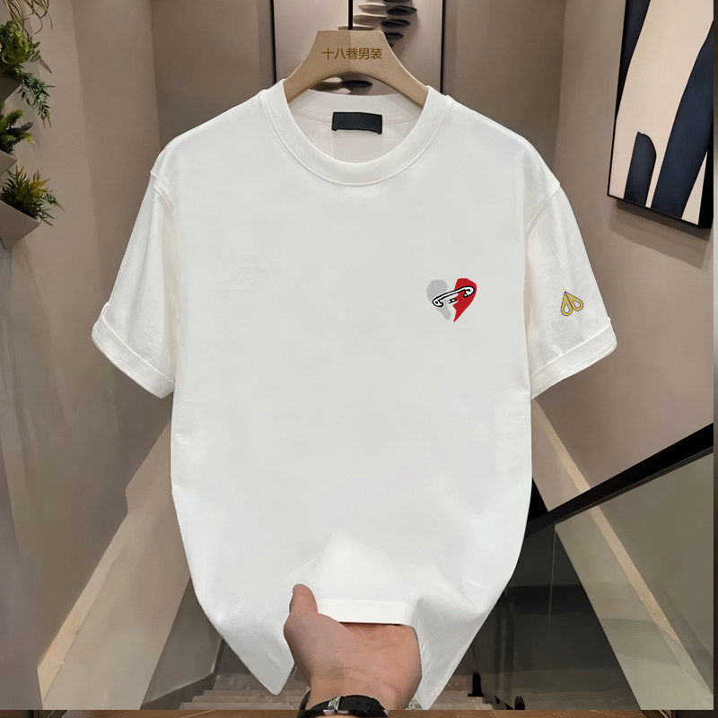 剪刀四季新款美式风爱心图案短袖T恤男白色纯棉宽松潮牌百搭上衣