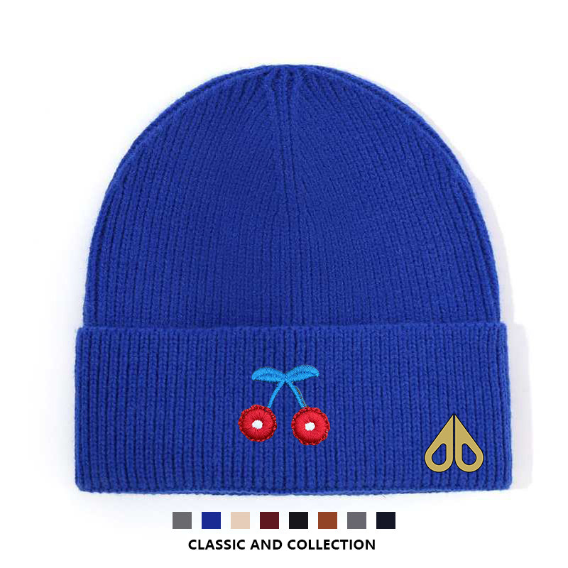 剪刀四季2026韩版樱桃刺绣针织帽男女保暖毛线帽蓝色显脸小冷帽