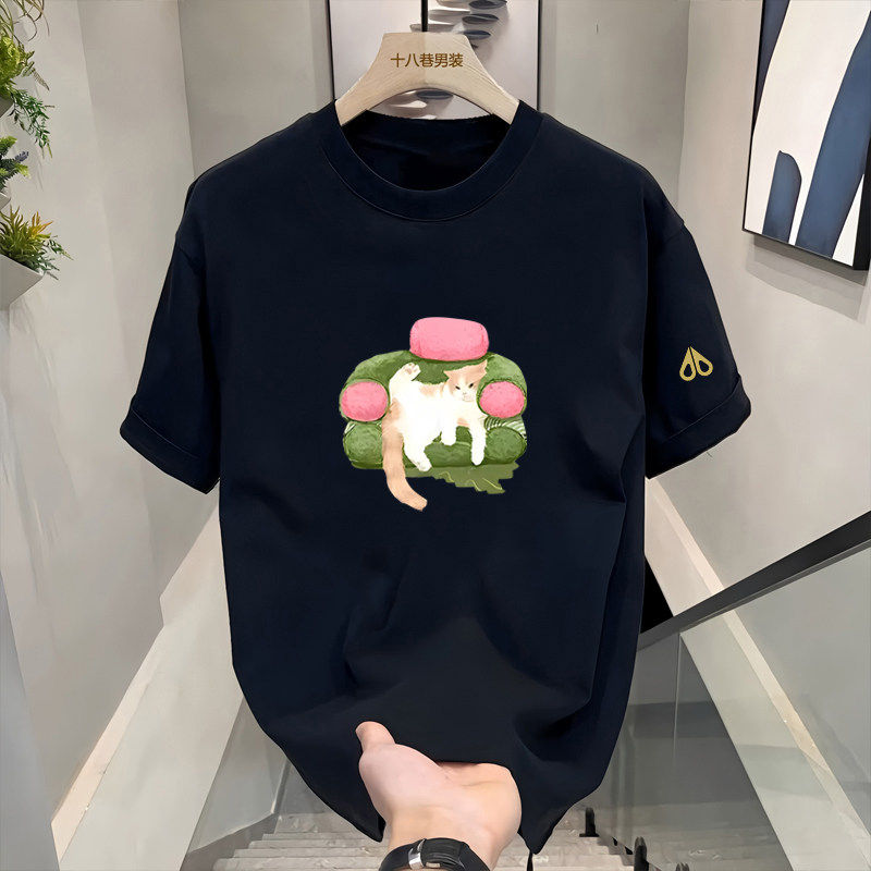 剪刀四季新款卡通猫咪印花短袖T恤男女同款圆领宽松上衣百搭潮流