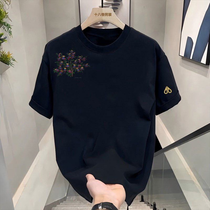 剪刀四季新款休闲短袖T恤男宽松圆领花朵图案潮牌百搭上衣春夏季