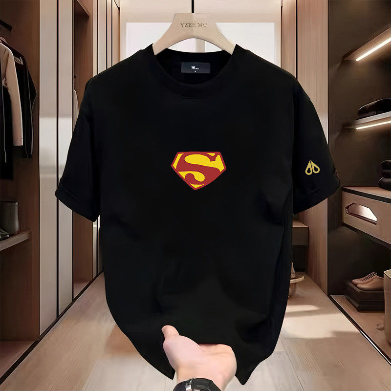 剪刀四季新款超人标志图案短袖T恤男女同款圆领宽松百搭潮流上衣