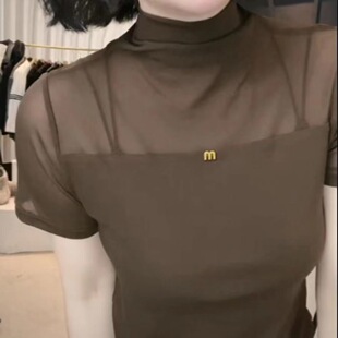 2026夏季简约百搭网纱短袖纯色上衣新款洋气修身小众显瘦女小衫