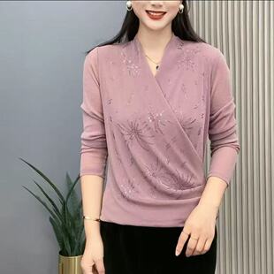 【原版正品】2025早秋新款交叉领简约中年妈妈装烫钻烟花洋气长袖