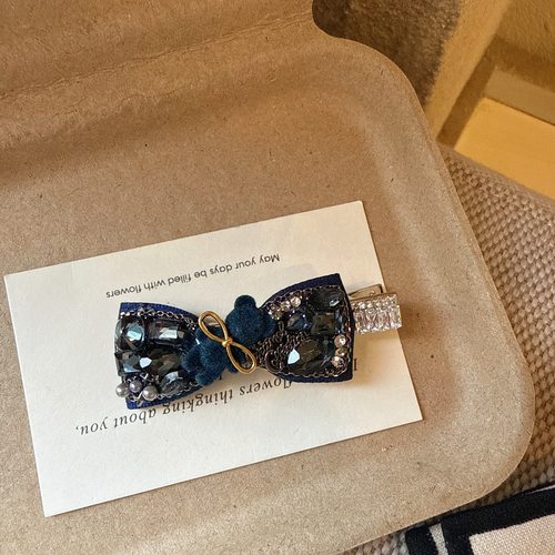 轻奢闪钻蓝色小熊蝴蝶结发夹精致百搭高级感鸭嘴夹侧边夹刘海发饰