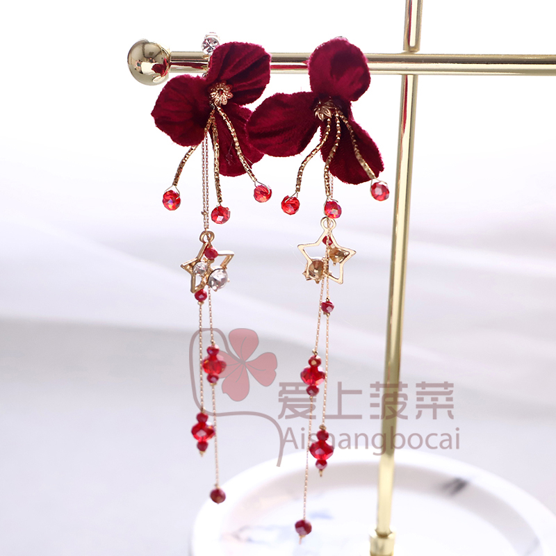 新娘耳环红色花朵耳坠跳舞影楼