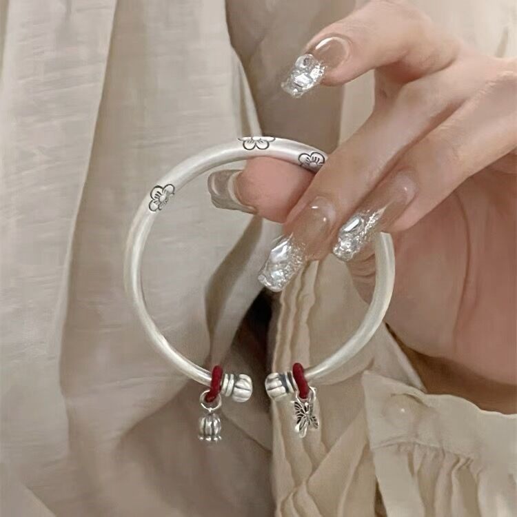 多福南瓜头纯银手镯9999足银实心古风梅花蝴蝶小花送女友七夕礼物