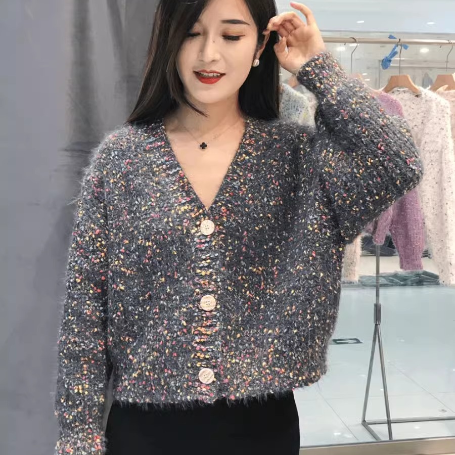 慵懒风彩色点点针织开衫女秋