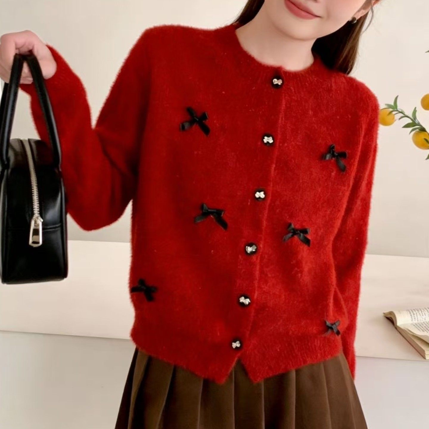 立体蝴蝶结红色毛衣开衫女冬季新款宽松甜美减龄水貂绒针织打底衫,女装/女士精品,毛针织衫,淘宝优惠券,粉丝福利购,淘宝优惠卷