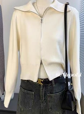 翻领短款加厚外穿毛衣女秋冬新款韩系宽松气质减龄双拉链针织开衫