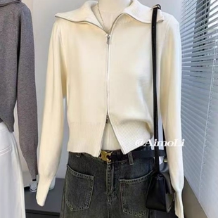 翻领短款加厚外穿毛衣女秋冬新款韩系宽松气质减龄双拉链针织开衫