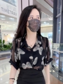 微透短袖 气质减龄别致漂亮小衫 上衣 女夏2025新款 蝴蝶印花雪纺衬衫