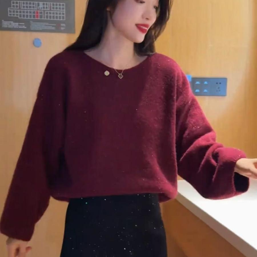 气质减龄毛衣女2025秋冬新款韩版宽松套头纯色亮丝内搭针织衫上衣