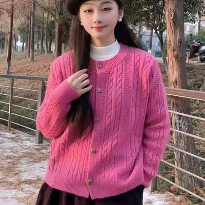 复古麻花长袖针织开衫女