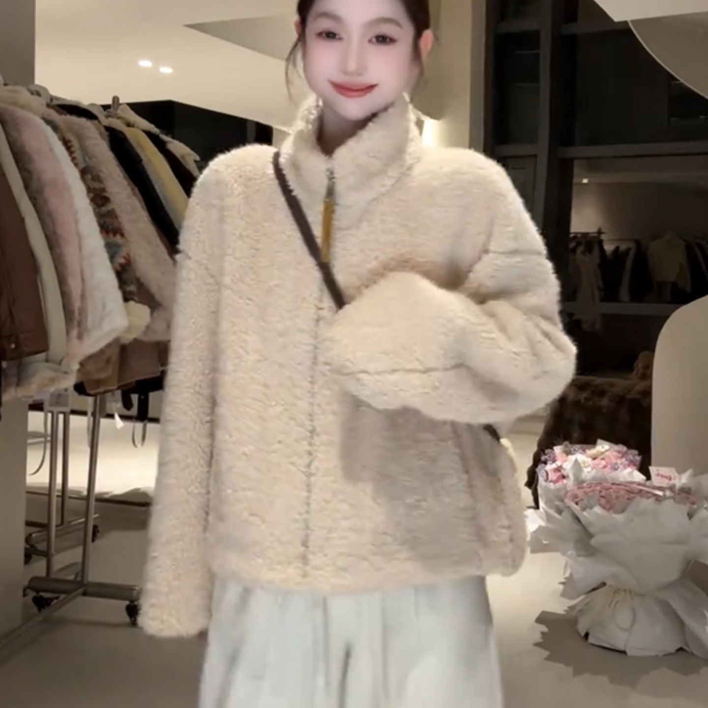 立领羊羔毛茸茸外套女冬季