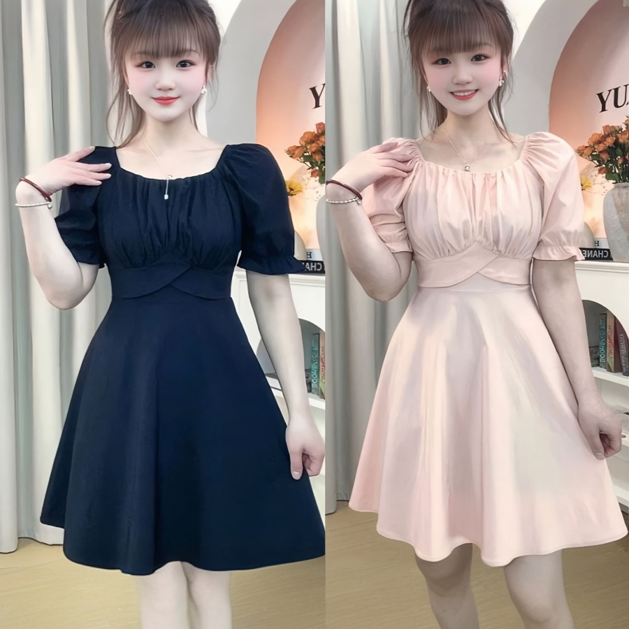 赫本风方领连衣裙女夏季