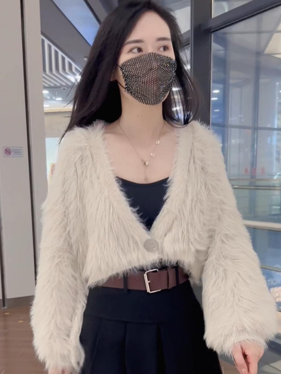 气质仿水貂绒短款开衫女2024