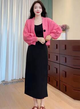灯笼袖针织开衫外套配半身裙