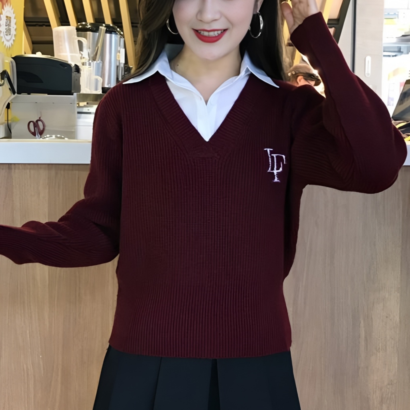 衬衫领假两件毛衣女秋冬装