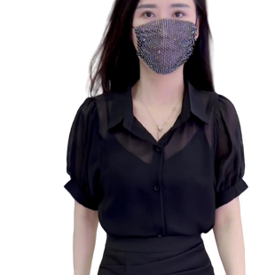黑色衬衫雪纺衬衫女夏季新款高级感气质时尚小衫透视短袖别致衬衣
