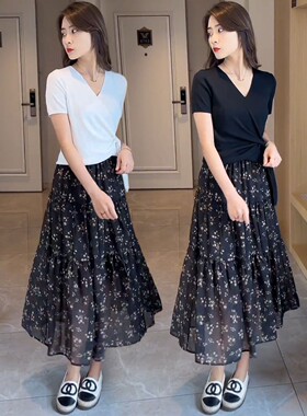 冰丝针织t恤碎花半身裙套装女