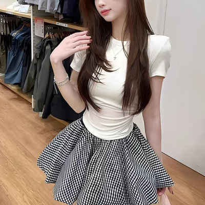 格子花苞裙女夏季2025新款高腰