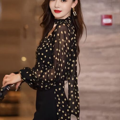 高级感波点长袖V领衬衫女